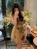 Party Vintage Floral Strap Dress Women Sexy Backless Evening Party Fairy Dress Femme 2022 Spring High Street Korean Beach Casual