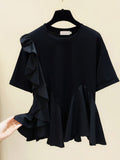 White Ruffle Trim T Shirt For Women Round Neck Short Sleeve Loose Solid Minimalist T Shirts Female Fashion
