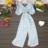 Jumpsuit Women Casual Elegant Polka Dot Puff Sleeve High Waist Chiffon Wide Leg Playsuit Female Rompers