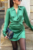 MODA 2023 Women V Neck Draw Back Green Satin Dress Ladies Casual Fashion High Street Vintage Dress Female Streewear