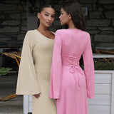 Toloer Women's New Autumn New Fashion Loose U-Neck Back With Long-Sleeved Dress-Outfit