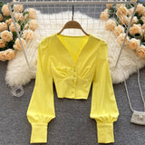 New Spring Shirts Women Elegant Vintage Solid Long Sleeves Slim Tops Fashion Button Sexy Streetwear Short