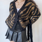Vintage Leopard Cardigan Women Zebra Pattern V-neck Mohair Knitwear Ladies Fuzzy Loose Fleece Fluffy Sweaters