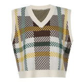 Y2K Checkered Sweater Vest Women Plaid Casual Sleeveless Knitted Vests Ladies Preppy Style V Neck Pullover