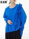 Women Blue Irregular Ruffles Big Size Casual T-shirt New Round Neck Long Sleeve Fashion Tide Spring Autumn 2023