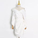White Sexy Dresses For Women Boat Neck Long Sleeve Cold Shoulder Gathered Waist Mini Dress 2021 Summer New