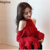 Sexy Lady Sweater Women Hollow Out Off Shoulder Knitted Cropped Pullovers Chic Tassels Jumper Sueter Fall 2023