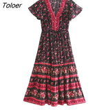 V-Neck Short Sleeve Summer Dress Floral Printed Bohemian Maxi Dresses Casual Beach Women Clothing 2023 Female