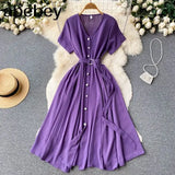 Vacation Chiffon Dresses For Women 2022 Pleated Long Dress Solid Color Temperament V-neck Maxi Bohemia Dress Robe