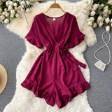 2022 Summer New Korean Rompers Women Flared Sleeve Solid Ruffle Wide Leg Short Jumpsuits Casual Vacation Beach