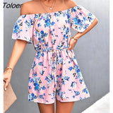 Fashion Floral Jumpsuit Women Playsuit Sexy Off Shoulder Jumpsuits-shorts Casual Wide Leg Pants Print Jumpsuit