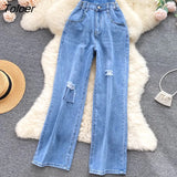 Hole Ripped Jeans Women Autumn High Waist Straight Long Pants Blue Casual High Street Tube Pants Denim Trousers