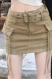 Mini Cargo Skirt Denim Women Y2k Vintage High Waist Belt Pocket Sexy Slim Pencil Skirt Korean Streetwear Summer