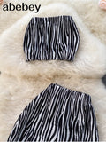 Women Zebra Summer Fashion Korean Set Sexy Off Shoulder Strapless Short Tops+High Waist Gradient Long Pants Two Piece Suits