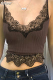 Lace Patchwork Brown Crop Top Y2k Clothes Fairy Grunge Style Cropped Tees Cami Ribbed Knitted Tank Tops
