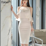 Fashion Summer Skinny Midi Dress Ladies OL Elegant Sexy Strapless Perspective Chiffon Stitching Batwing Sleeve Bodycon