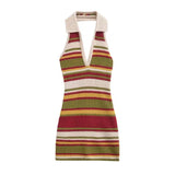 Spring And Summer Color Striped Knitted Dress Collar Hanging Neck V Collar Bodyed And Hip Dress Bare