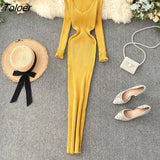 Women Autumn Knitted Dress V Neck Sexy Slim Elastic Oversized Basic Bodycon Long Dress Winter knit Warm Sweater
