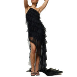 Layered Dress y2k Women Solid Color One Shoulder Sleeveless Backless High Split Ruffled Long Dress 2000s Party