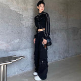 Grunge Zip Up Hoodie Streetwear Women Korean Fashion Casual Slim Sweatshirts Striped Black Long Sleeve Cropped