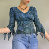 Rockmore Lace Mesh Crop Top Vintage Frill Print T Shirt Women Autumn V Neck Slim Pullovers Harajuku Tshirt Grunge