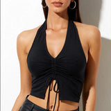 Fashion Women Lace Up Halter Black Tank Tops Sexy Sleeveless Drawstring Slim Fit Crop Top Club Summer Camis