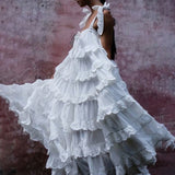 Elegant Patchwork Ruffles White Dress For Women Off Shoulder Sleeveless Oversized Dresses Female Fashion Clothes