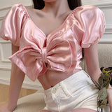 Sexy Satin Crop Top Women Bow Knotted Short Tank Tops Off Shoulder Cropped Feminino Blouses Y2k Sash Short Sleeve Cami Top