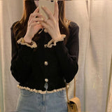 Korean Cropped Cardigan Y2K Fashion Sweaters Woman Sweater Ruffles Black White Cute Tops Fall 2023 Women