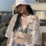 Summer Sexy Mesh T Shirts Women Lace See Through Oversize Mesh Tops Semitransparent Gothic E Girl T-shirt Streetwear