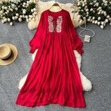 Industry Embroidery Loose Holiday Dress Women Large Size Show Lean Meat Sweet Tie With Round Lantern Sleeve