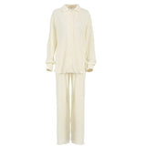 2 Piece Set Women Office Pleated Outfit Loose Elegant Long Sleeve Shirt And Pant Suit Ladies Autumn Wide Leg
