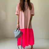 Elegant Patchwork Hit Color Dress Women O Neck Half Sleeve Oversize Casual Midi Dresses Female 2020 Summer