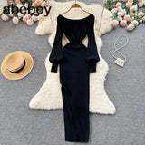 Women Korean Knitted Dress Long Sleeve Slash Neck Elastic Slim Pencil Dresses 2022 Autumn Sexy Bodycon Split Sweater