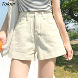 Women Korean-style Simple High Waist Solid All-match Short Denim Trousers Students Straight Wide-leg Fashion Leisure