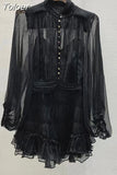 Temperament Fold Pleated Mini Dress For Women V Neck Puff Long Sleeve High Waist Button Slim Mesh Dresses Female 2023