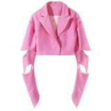 Women Black Hollow Out Short Blazer New Lapel Long Sleeve Loose Fit Jacket Fashion Tide Spring Autumn 2023