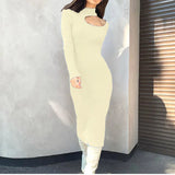 Knitted Women's Solid Slim Midi Dress 2022 Autumn Mock-neck Hollow Out Long Sleeve Dresses Ladies Sexy Elegant