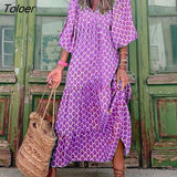 Retro Ethnic Print Dress New Spring Summer Half-sleeve Casual Dress Ladies Sexy V-neck Stitching Pleated Drape Maxi