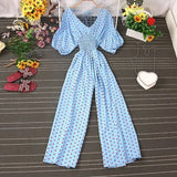 Jumpsuit Women Casual Elegant Polka Dot Puff Sleeve High Waist Chiffon Wide Leg Playsuit Female Rompers
