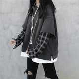 Fake Two Piece Hoodie Women Harajuku Plaid Sweatshirts Japan Kawaii Hoodie Casual Pullovers Tops Gray Oversize Basic