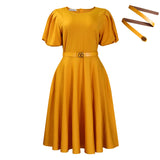 Women's 2025 Summer Fashion Bubble Sleeve Elegant High- Waist Solid Colored Round Dress African