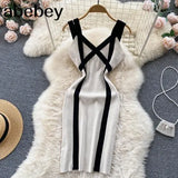 Color Striped Tight Stretchy Knit Tank Dress Elastic Slim Sheath Ladies Party Sexy Body-con Step Knit Short