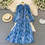 Autumn Women Printed Long Dress Vintage Ruffle Stand Collar Puff Sleeve High Waist Elegant Maxi Robe Female Big Swing