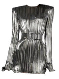 Fashion Women's Dress Round Neck Long Sleeve High Waist Belt Above Knee Gold Party Dresses Female Autumn 2023 New