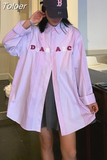 Casual Striped Shirts for Women Long Sleeve Polo Collar Letter Button Tops Loose Streetwear All-match Oversizes