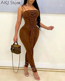 Women Solid Color Spaghetti Strap Bandeau Jumpsuit Bandage Sleeveless Skinny