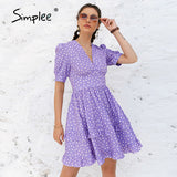 Party Purple v-neck polka-dot women Short Dress 2022 Casual Puff sleeve A-line High Waist Sundress Sexy Summer Outfit