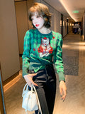 Women Sweater Long Sleeve Arglye Green Pullovers Sweater Knitted Cat Embroidery Femininas Jumpers Loose Casual