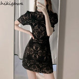 Temperament Robe Femme Vintage Slim Sexy Chic Woman Dress O-neck Short Sleeve Lace Black Vestido Femme Bodycon Mini